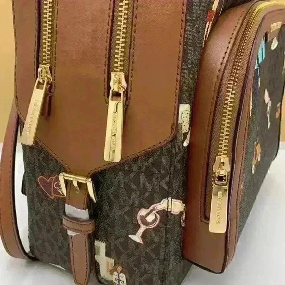 MICHAEL KORS BACKPACK JAYCEE LARGE ZIP JET SET GIRLS PRINT BROWN MULTI - Picture 8 of 11